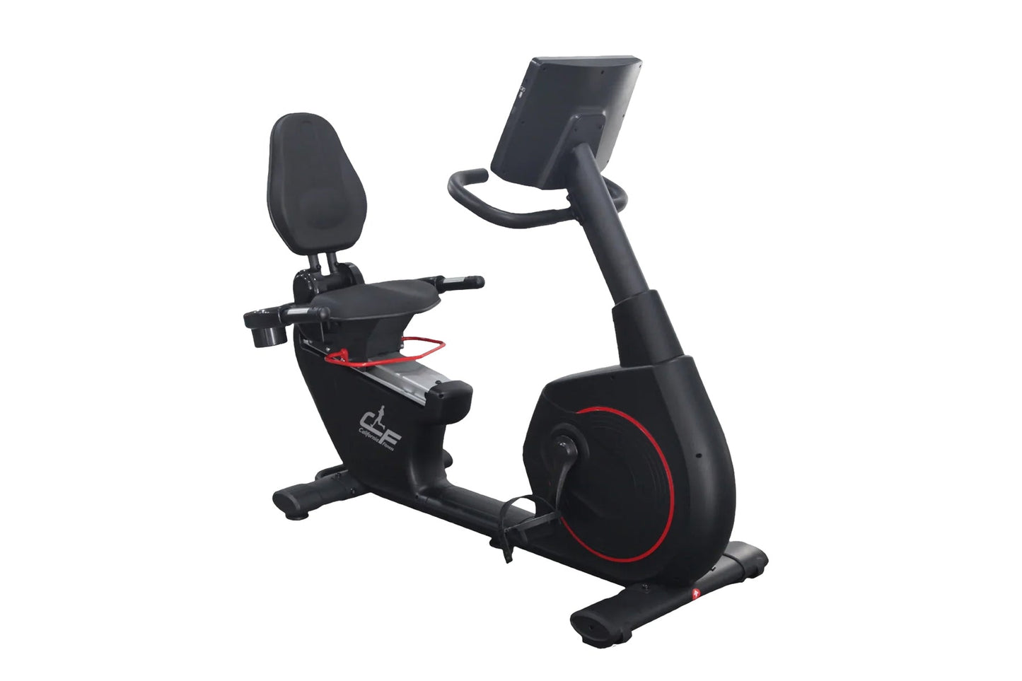 Black recumbent exercise bike with padded seat, red accent wheel, and tablet holder arm on white background