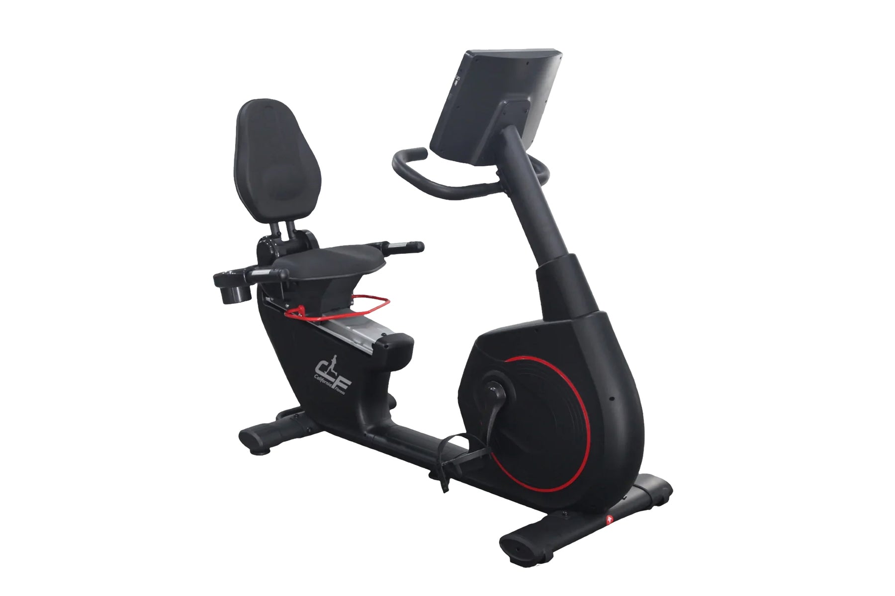 Black recumbent exercise bike with padded seat, red accent wheel, and tablet holder arm on white background