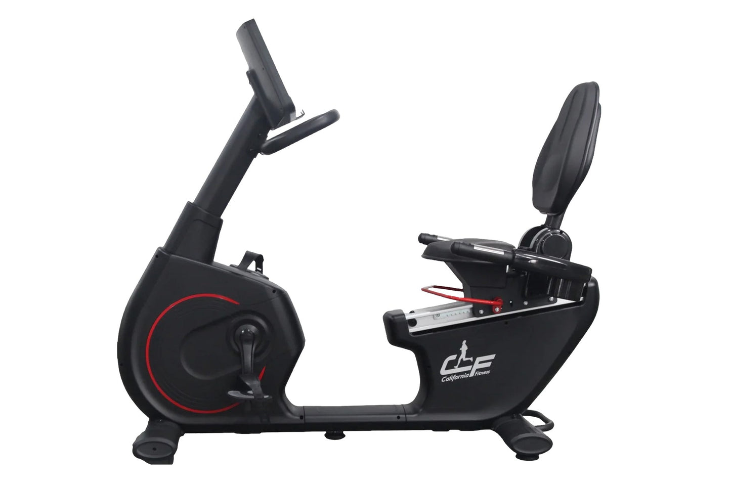 Black recumbent exercise bike with red accent ring on wheel, padded seat, adjustable armrests, and digital console display on