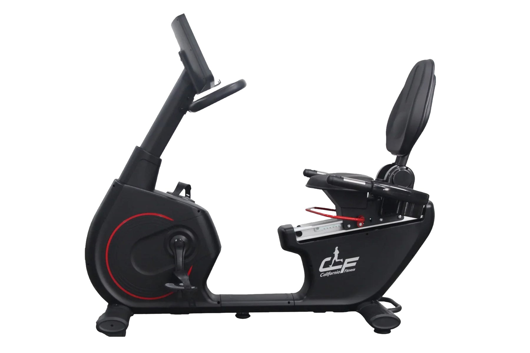 Black recumbent exercise bike with red accent ring on wheel, padded seat, adjustable armrests, and digital console display on