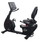 Black California Fitness recumbent exercise bike with red wheel accent, digital console, padded seat, and foot pedals on whit
