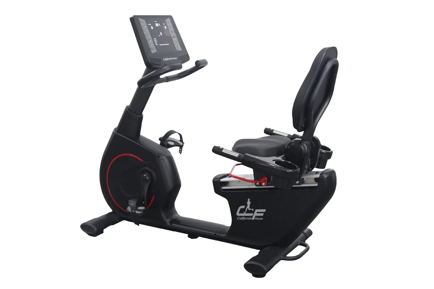 Black California Fitness recumbent exercise bike with red wheel accent, digital console, padded seat, and foot pedals on whit