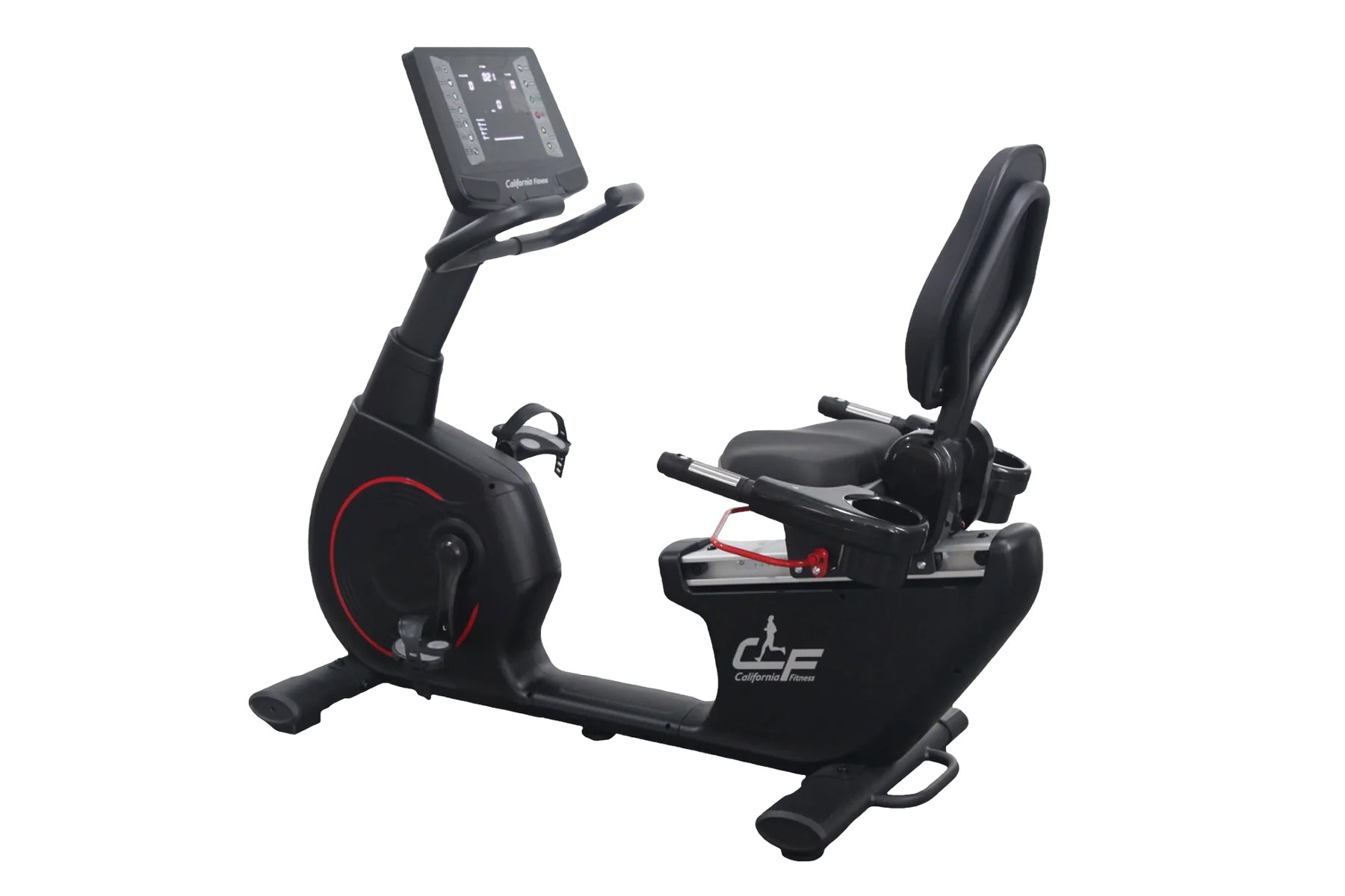 Black California Fitness recumbent exercise bike with red wheel accent, digital console, padded seat, and foot pedals on whit