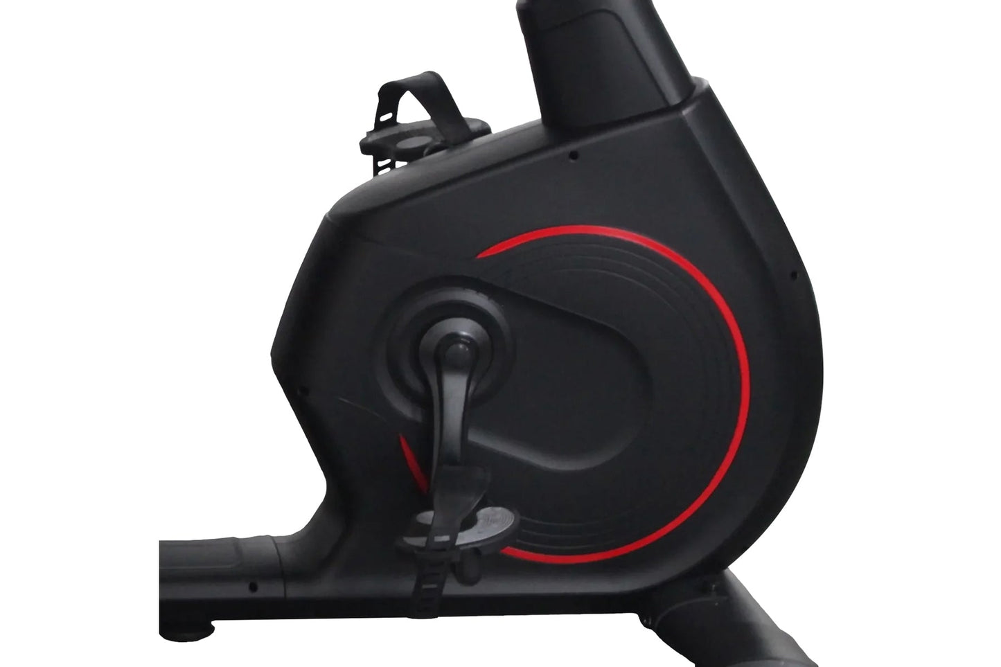 Black recumbent exercise bike with red accent circle and integrated display console, side view on white background
