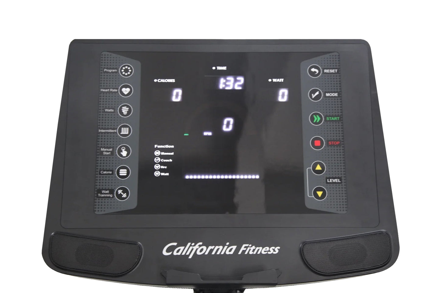 California Fitness R8 recumbent exercise bike console displaying digital screen with time, calories, and watts readouts, side