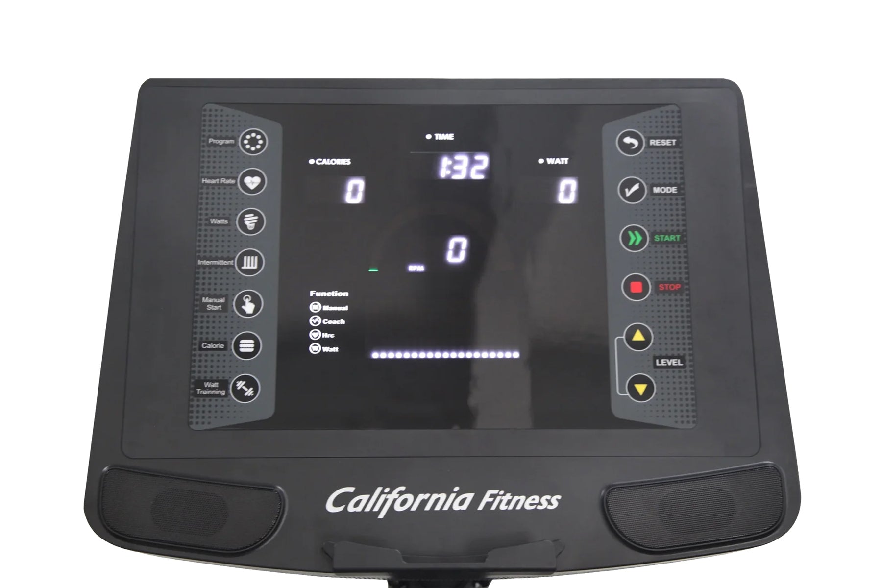 California Fitness R8 recumbent exercise bike console displaying digital screen with time, calories, and watts readouts, side