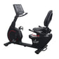 California Fitness R8 black recumbent exercise bike with digital console display and adjustable padded seat on white backgrou