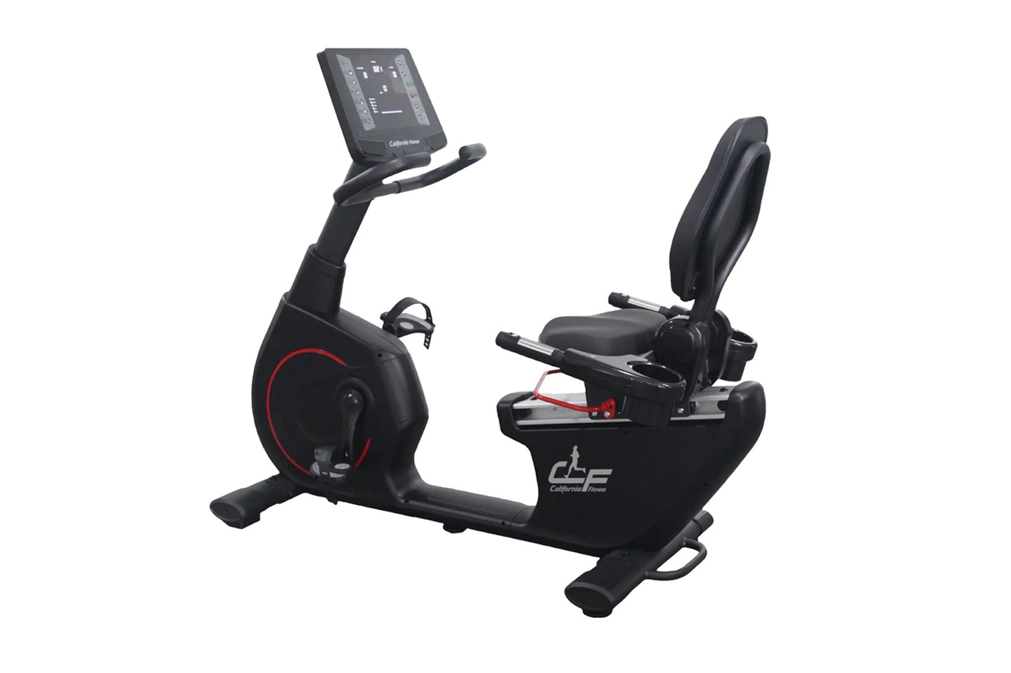 California Fitness R8 black recumbent exercise bike with digital console display and adjustable padded seat on white backgrou