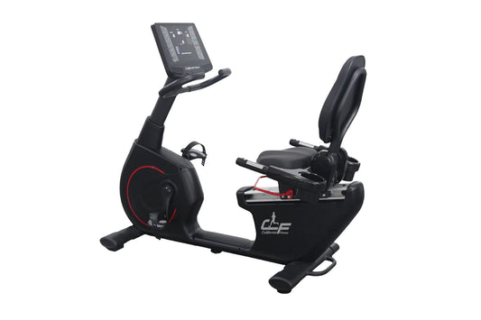 California Fitness R8 black recumbent exercise bike with digital console display and adjustable padded seat on white backgrou