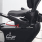 Black California Fitness recumbent exercise bike with padded seat, red foot pedal straps, and chrome-accented handles on whit