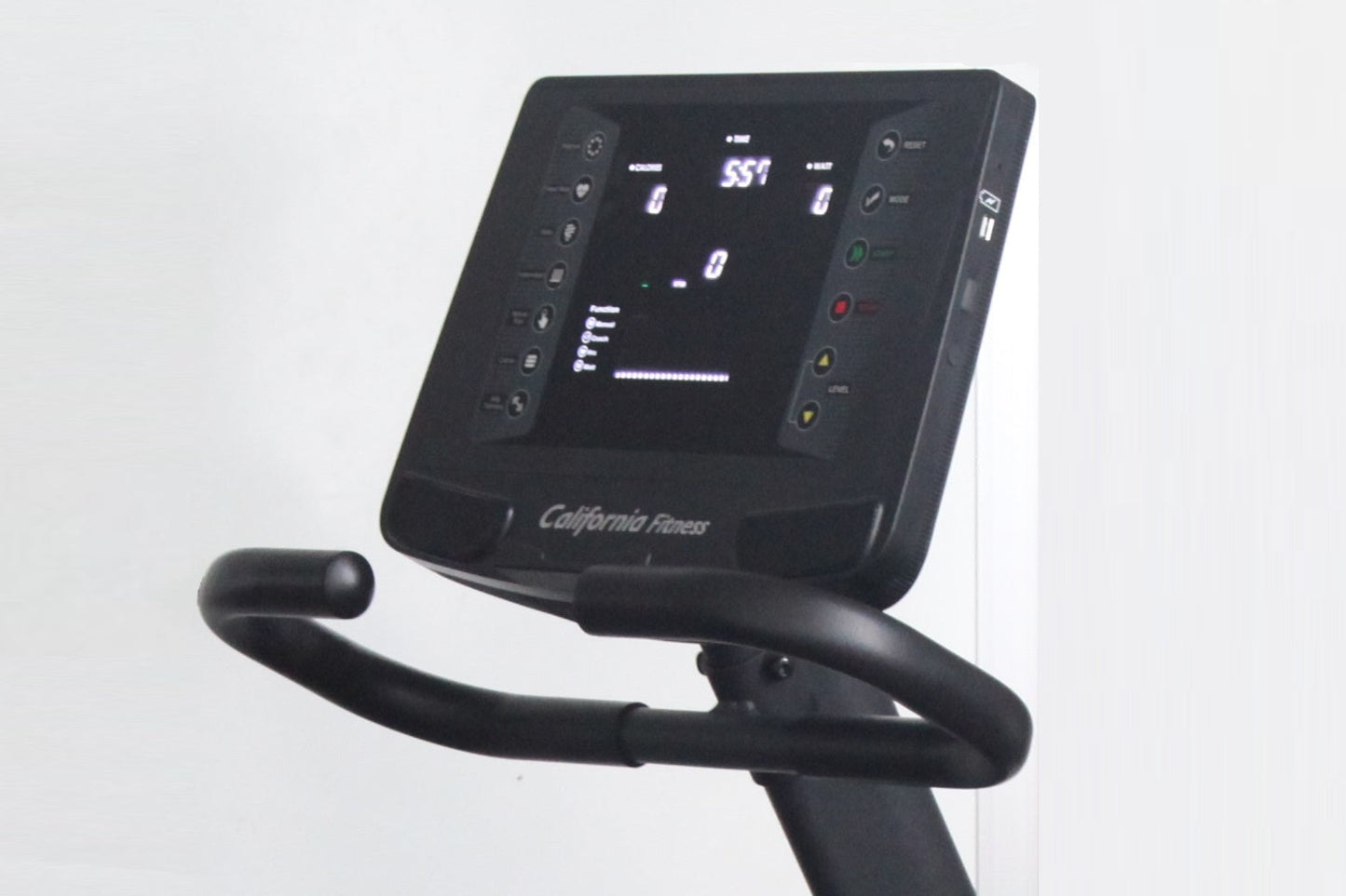 California Fitness R8 black recumbent exercise bike with digital display showing metrics and side control panels on white bac