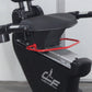 California Fitness R8 recumbent exercise bike with black frame, padded seat, red foot straps, and digital console on white ba