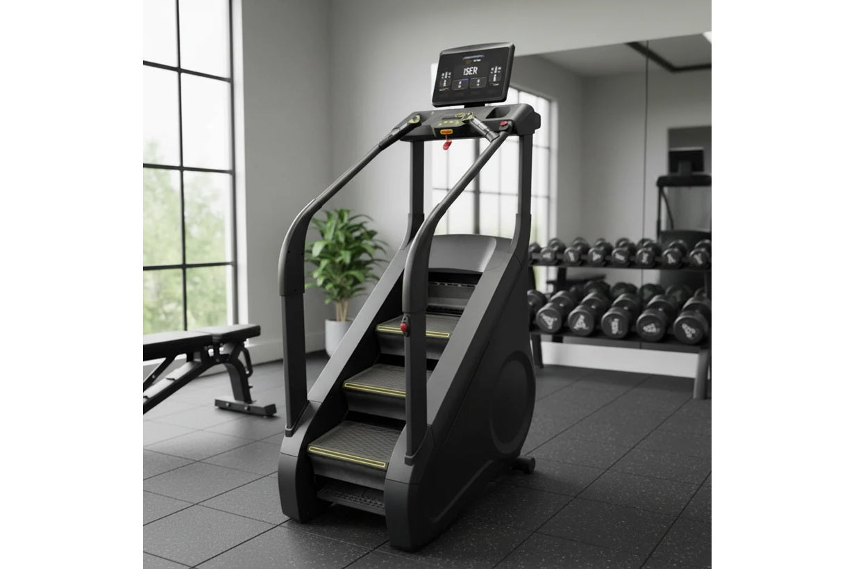 Black and gray stair climber with digital display console in gym setting with dumbbells and equipment visible