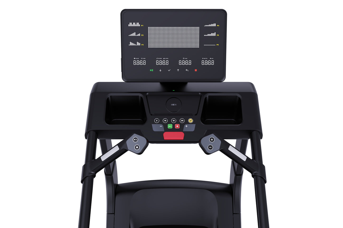Black stair climber stepmill with digital display console showing workout metrics, control panel with colored buttons, dual s