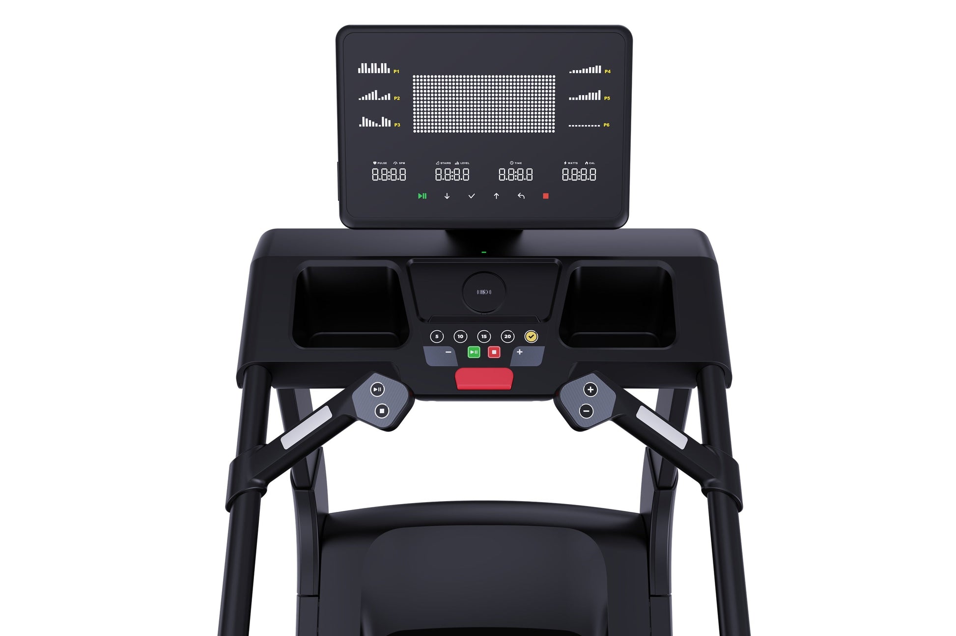 Black stair climber stepmill with digital display console showing workout metrics, control panel with colored buttons, dual s