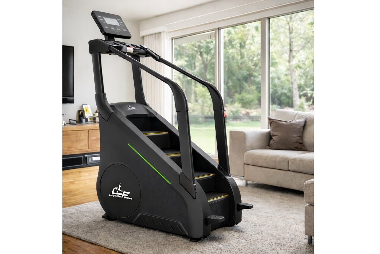 Black stair climber machine with digital display console, green accent stripe, and yellow steps in home gym setting