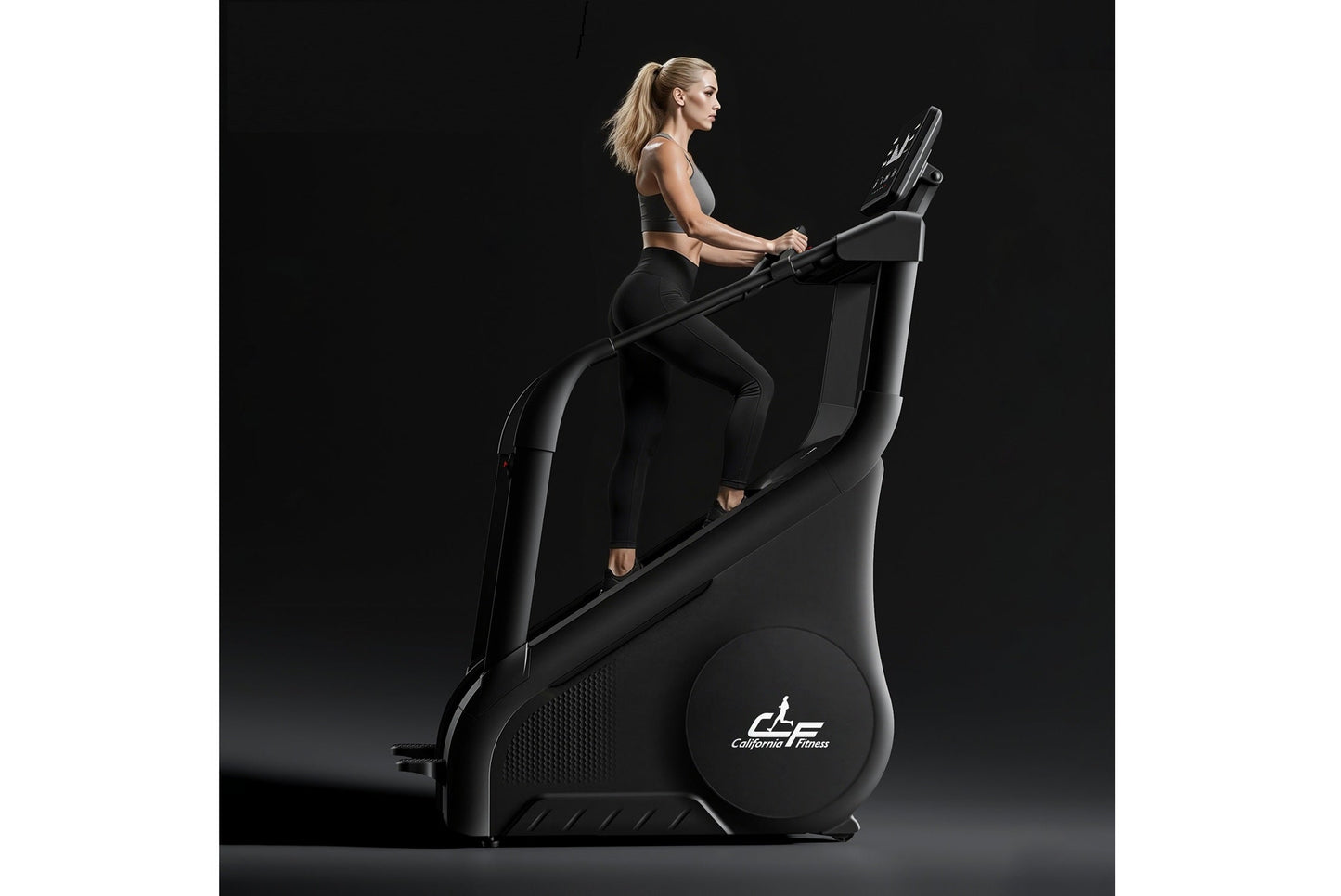 Woman in black sports bra and leggings using black California Fitness stair climber machine against dark background