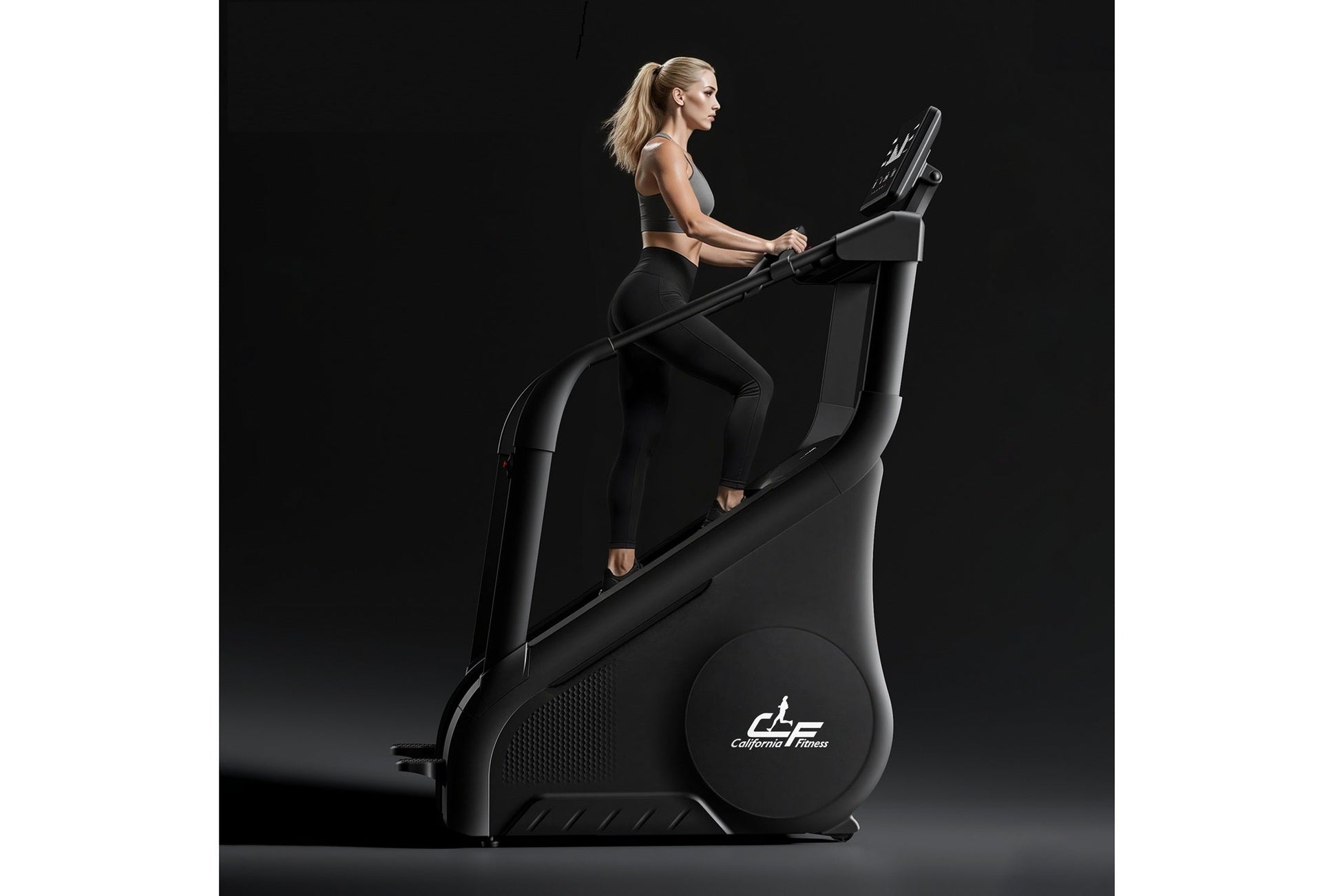 Woman in black sports bra and leggings using black California Fitness stair climber machine against dark background