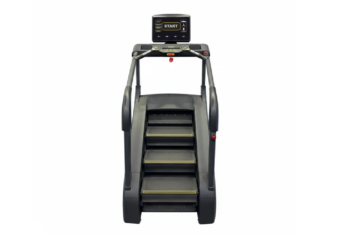 Black and gray motorized stair climber with yellow accents, digital display console with START button, and multiple step trea