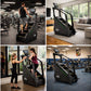 Black and green stair climber stepmill machine with digital display, shown in gym and home settings