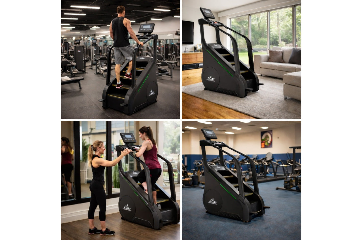 Black and green stair climber stepmill machine with digital display, shown in gym and home settings