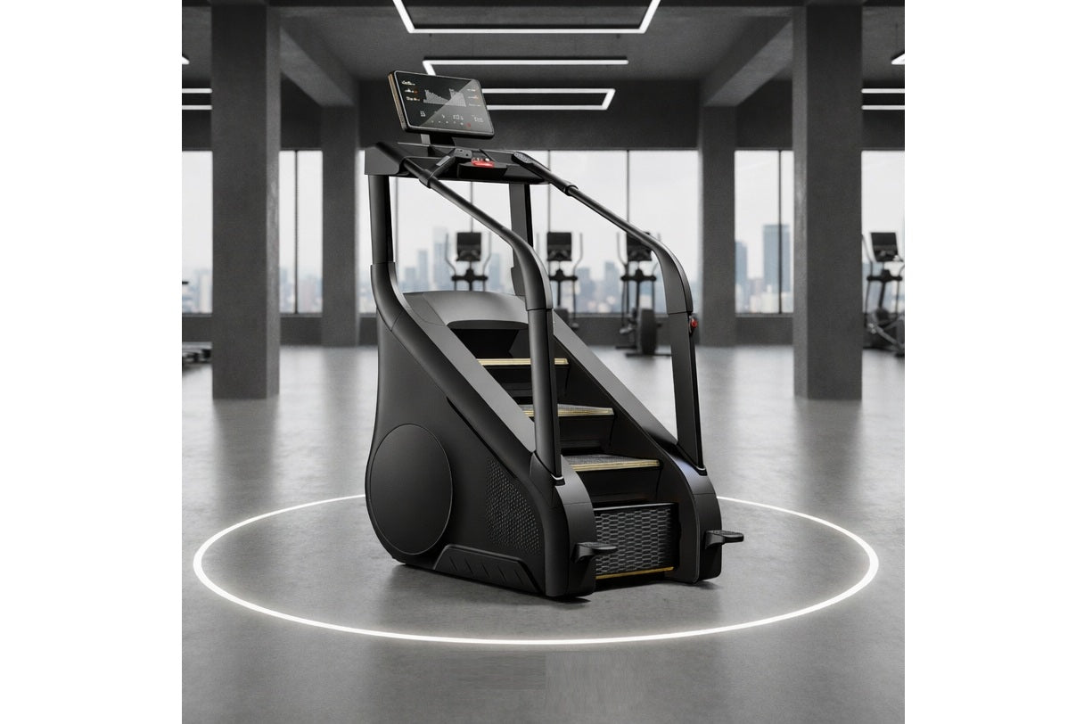 Black and gray stair climber stepmill with dual handrails, digital display monitor, and textured foot pedals in modern gym se
