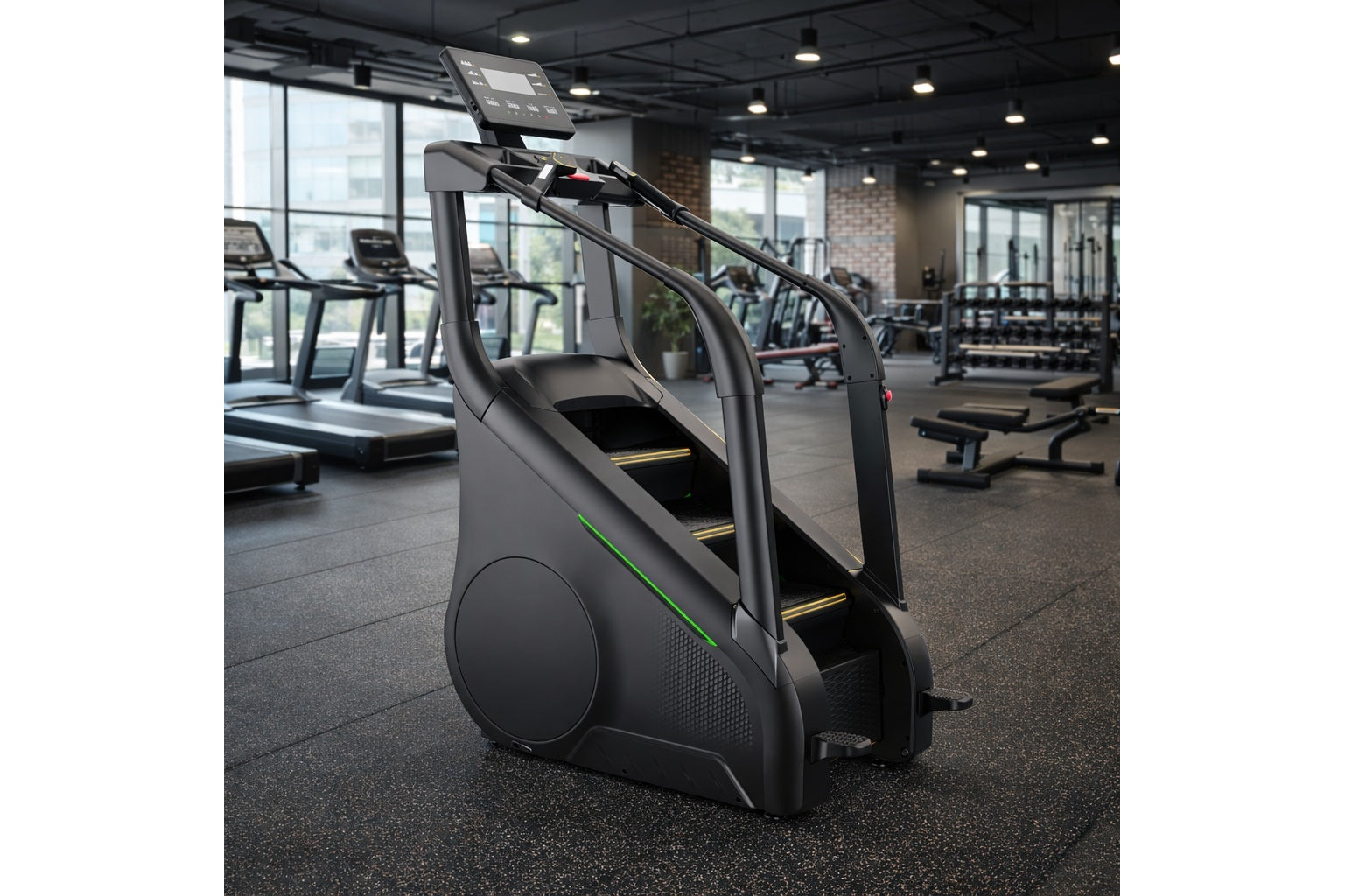 Black stair climber with digital display console, green accent stripe, and yellow step treads in modern gym setting