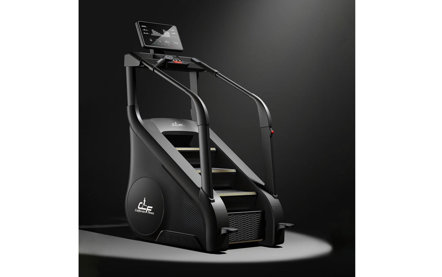Black and silver commercial stair climber with digital display console, handrails, and stepped platform on dark background