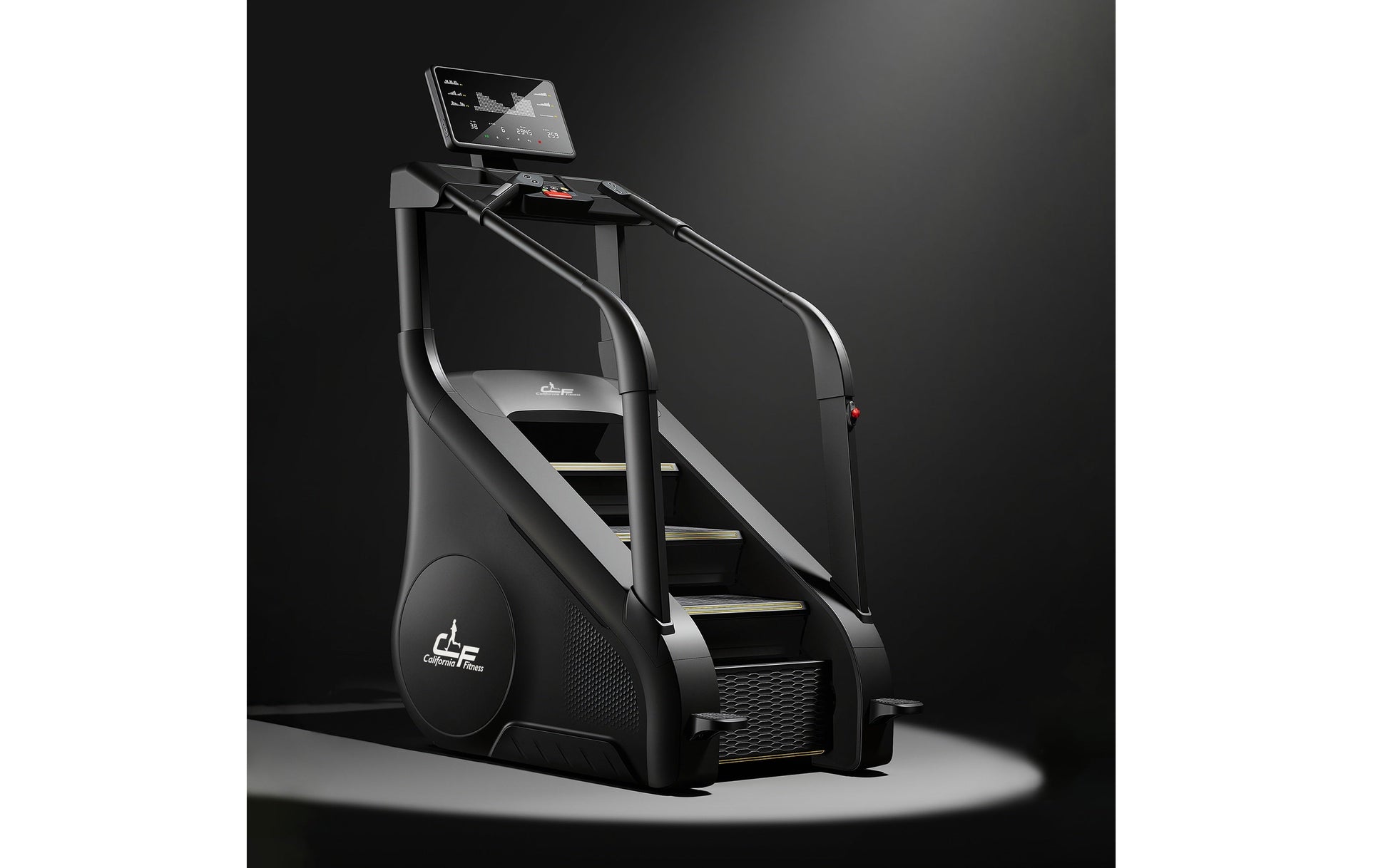 Black and silver commercial stair climber with digital display console, handrails, and stepped platform on dark background