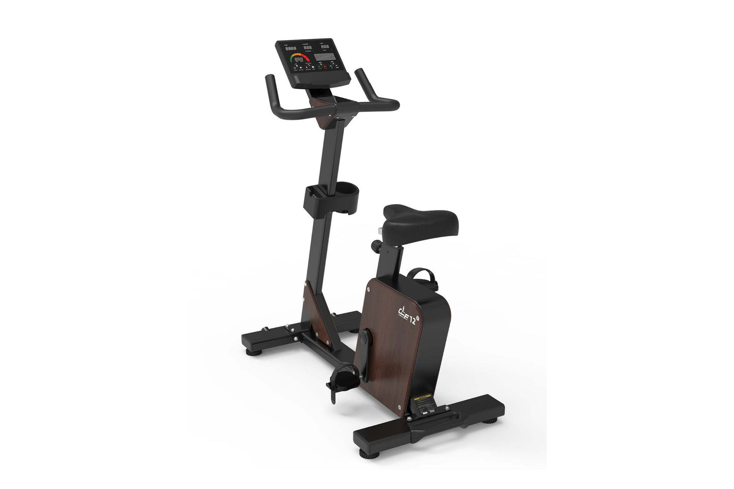 Black and brown upright exercise bike with digital display console, padded seat, and curved handlebars on white background
