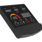 Black exercise bike console with digital display showing time, calories, distance, heart rate and speed gauge with color-code