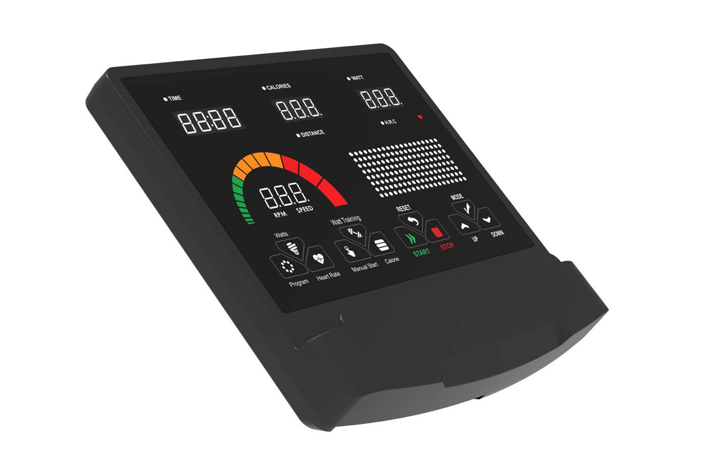 Black exercise bike console with digital display showing time, calories, distance, heart rate and speed gauge with color-code