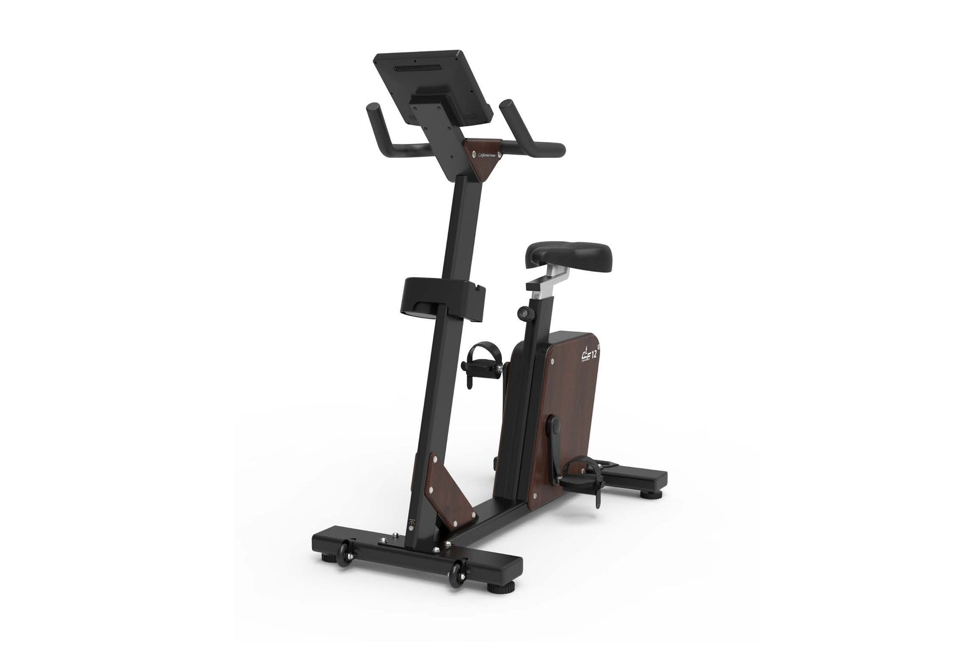 Black and brown upright exercise bike with digital display console, padded seat, handlebars, and foot pedals on white backgro