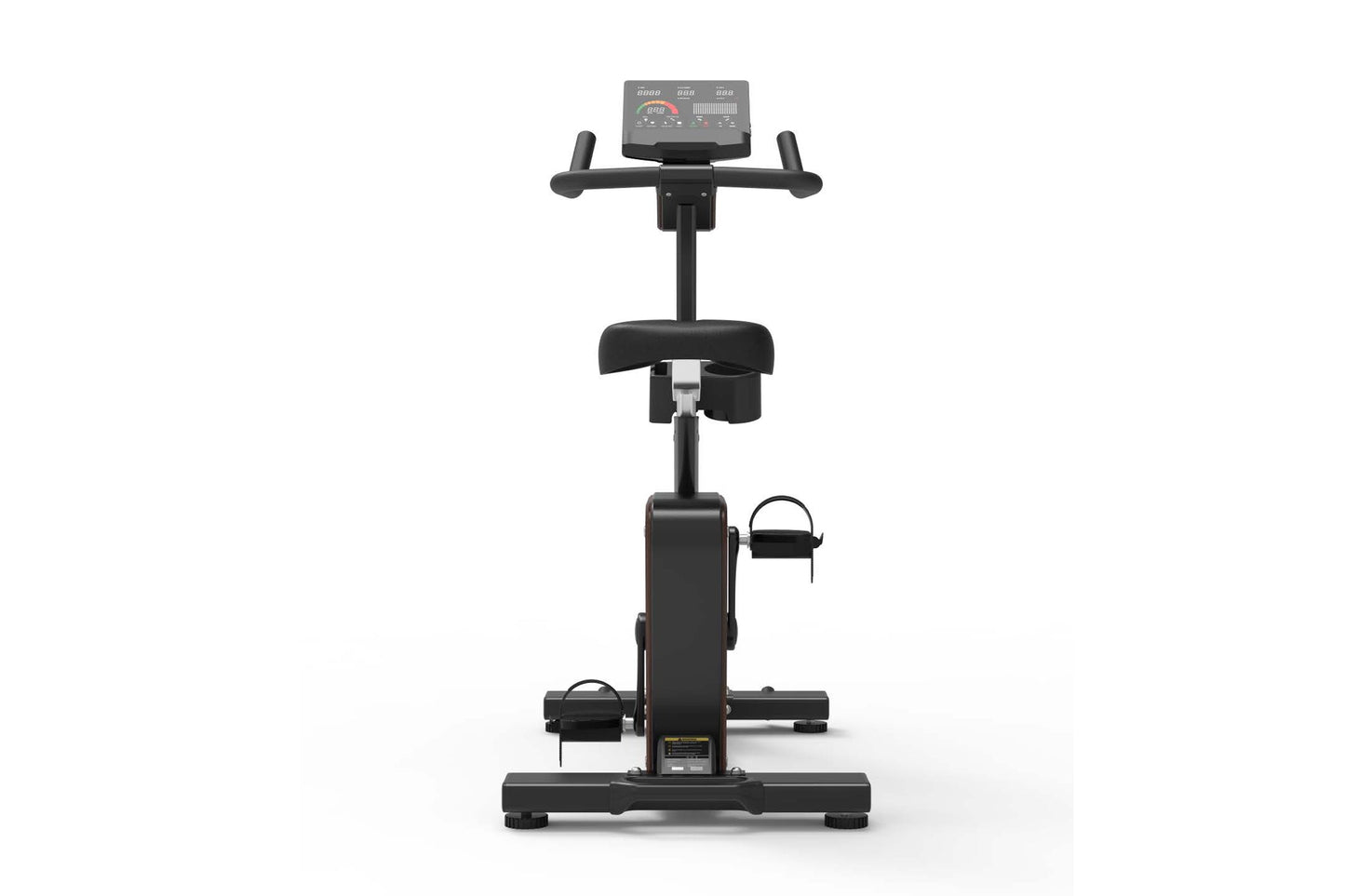Black upright exercise bike with digital console, padded seat, handlebars, and foot pedals on white background