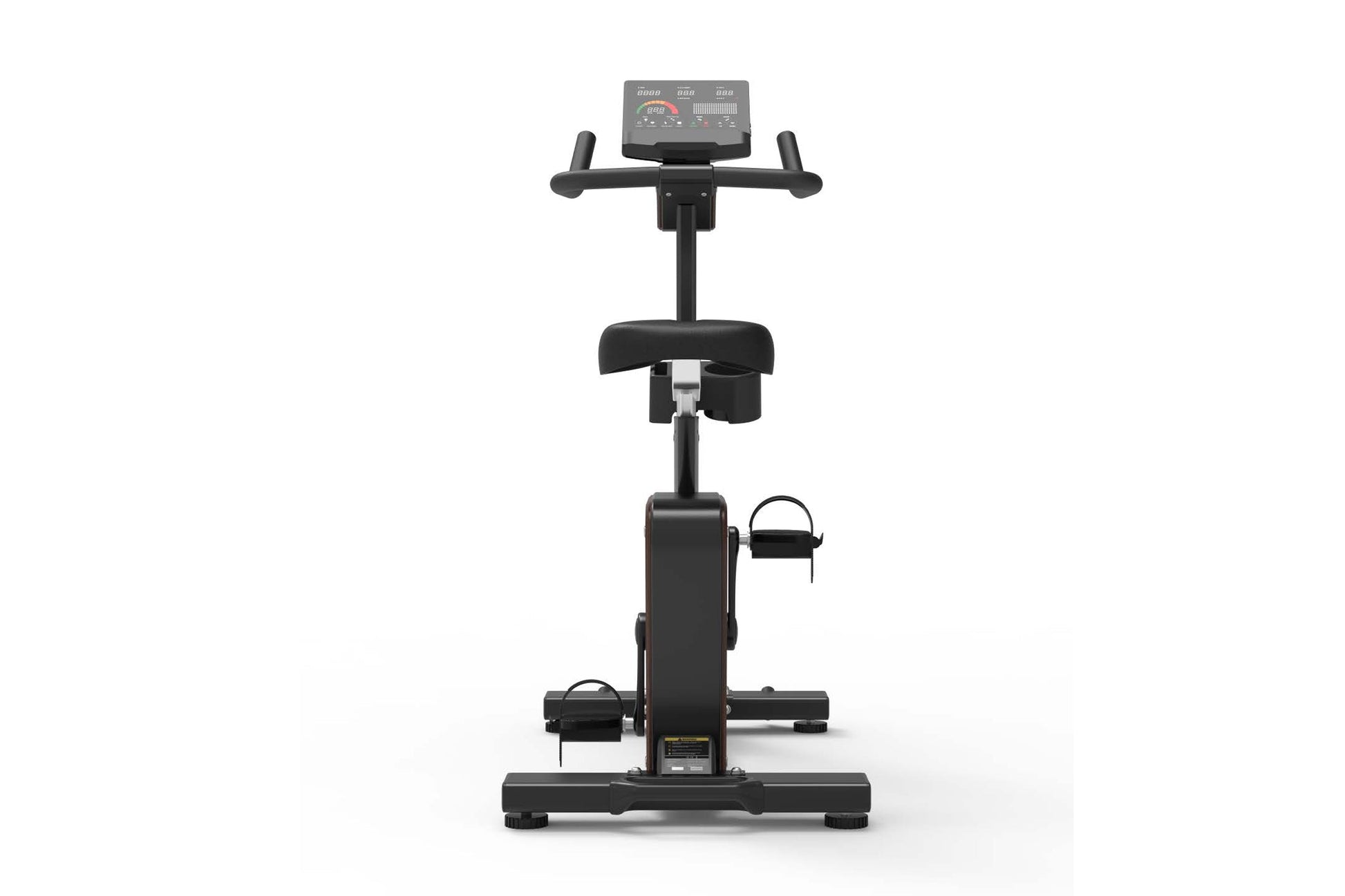 Black upright exercise bike with digital console, padded seat, handlebars, and foot pedals on white background