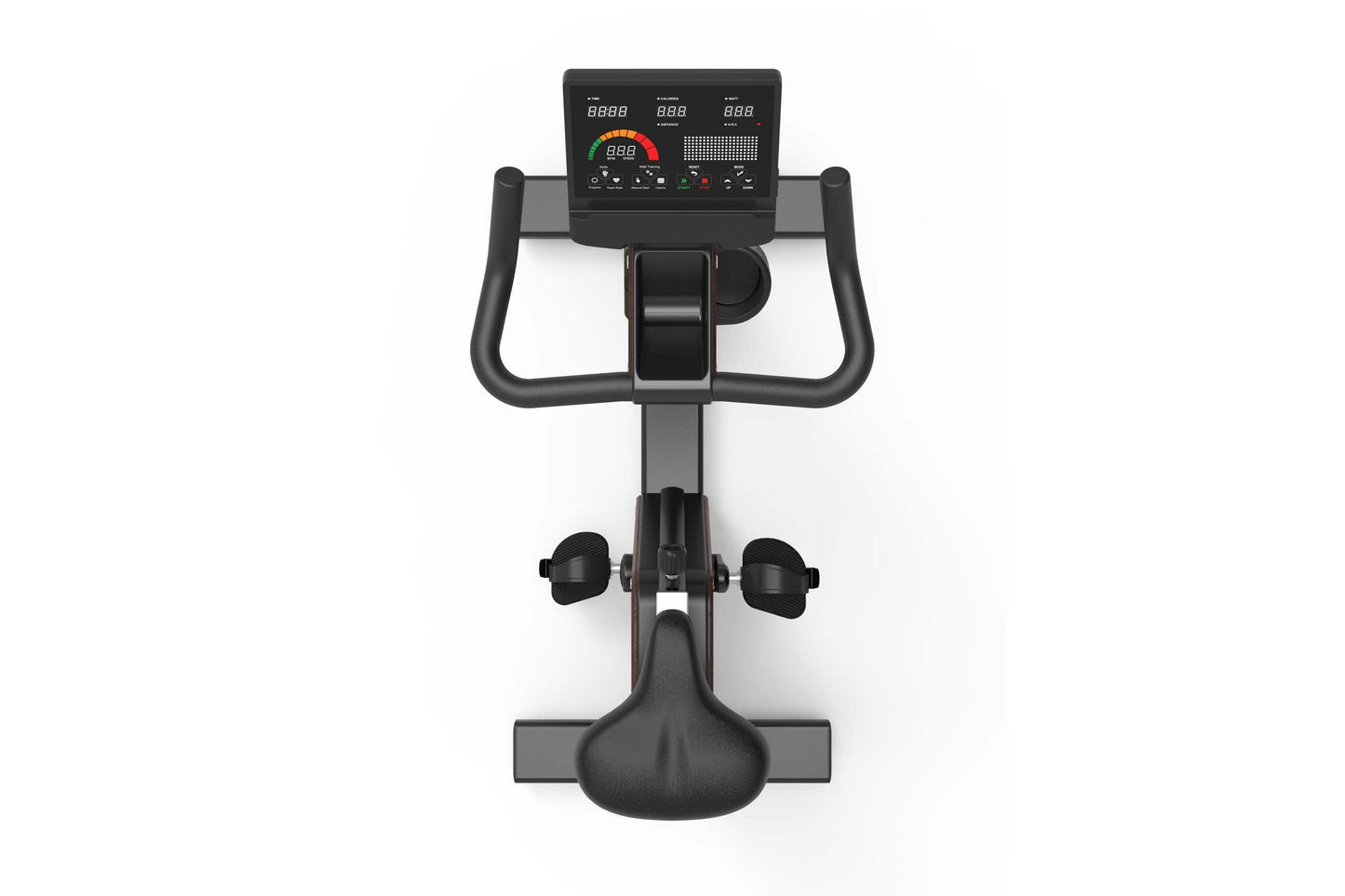 Black upright exercise bike with digital console displaying metrics, curved handlebars, pedals with foot straps, and cushione