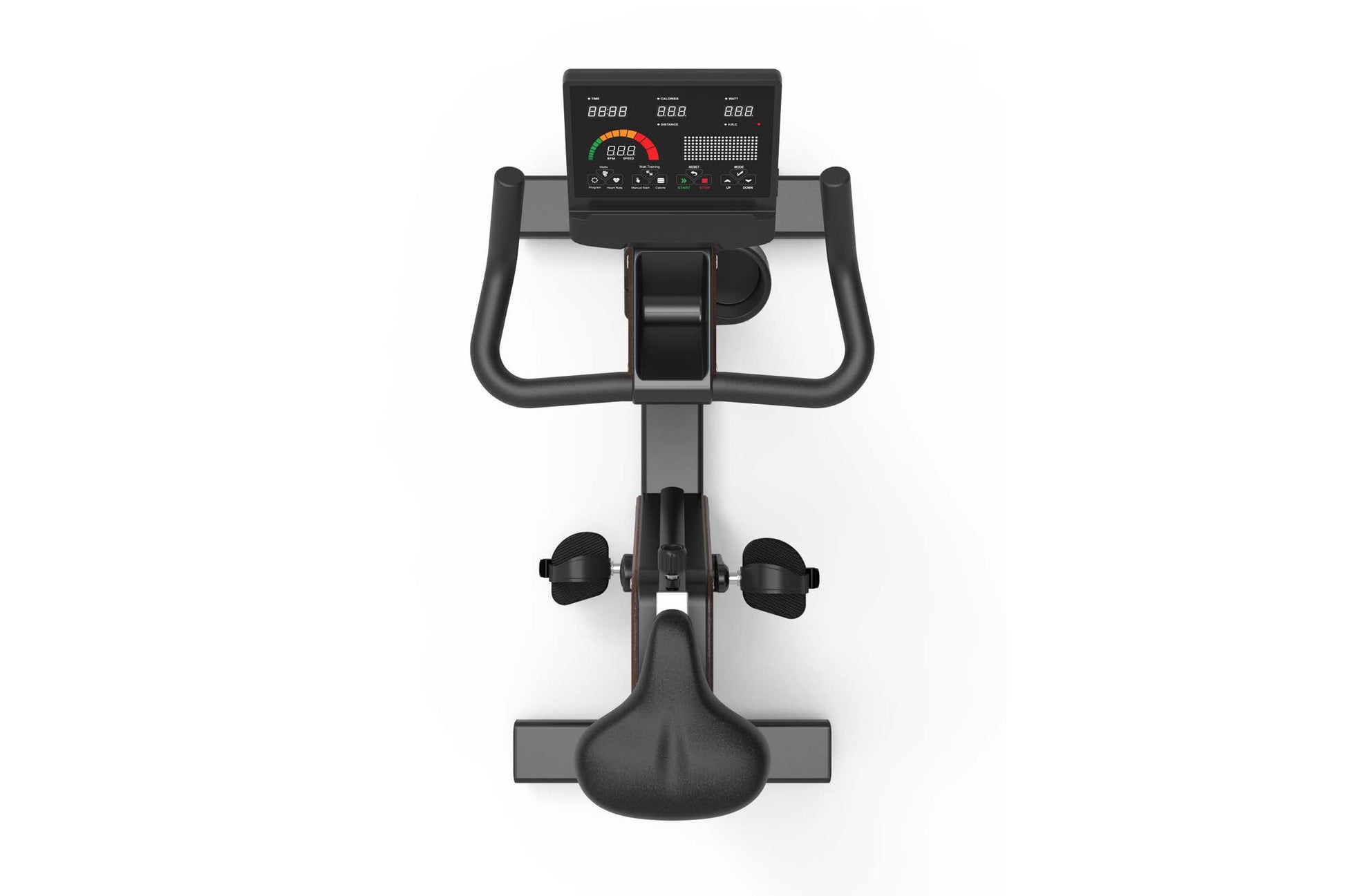 Black upright exercise bike with digital console displaying metrics, curved handlebars, pedals with foot straps, and cushione