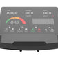Gray upright exercise bike console display with digital readouts for time, calories, watts, RPM and heart rate, colorful gaug