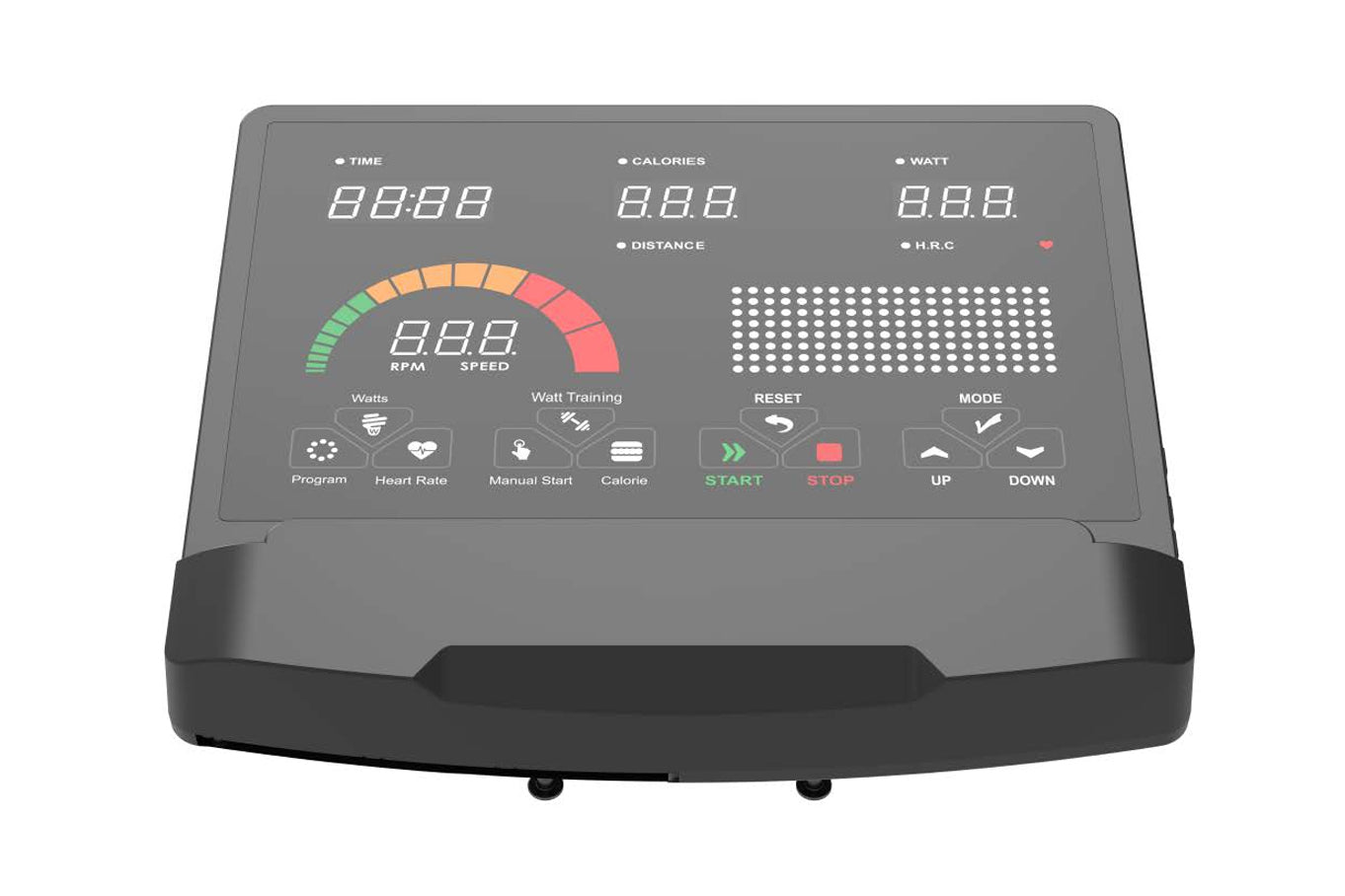 Gray upright exercise bike console display with digital readouts for time, calories, watts, RPM and heart rate, colorful gaug