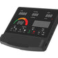 Black upright exercise bike console with digital display showing time, calories, distance, watts, heart rate, and RPM speed g