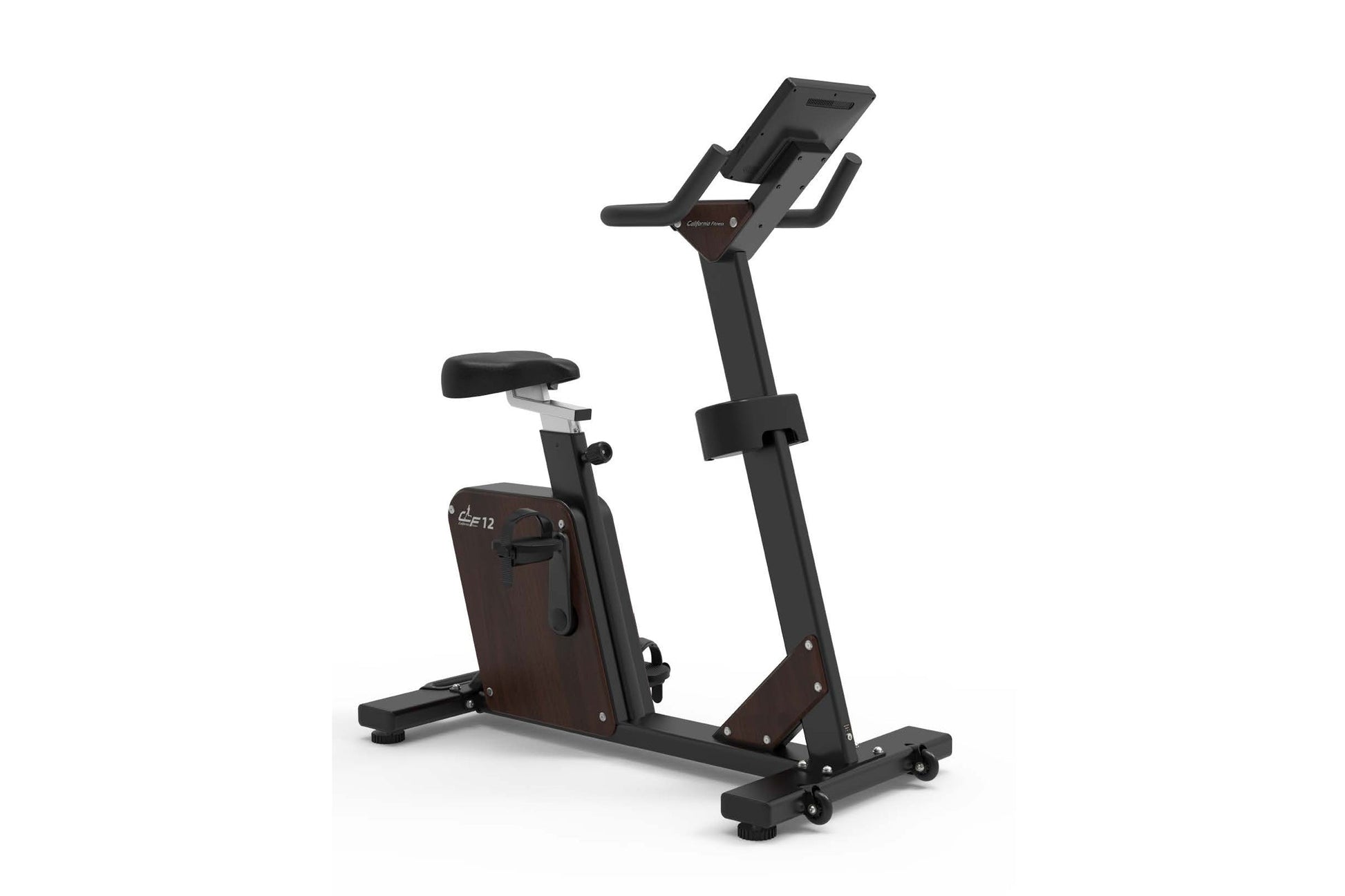 Black and dark brown upright exercise bike with digital display console, padded seat, and handlebar grips on white background