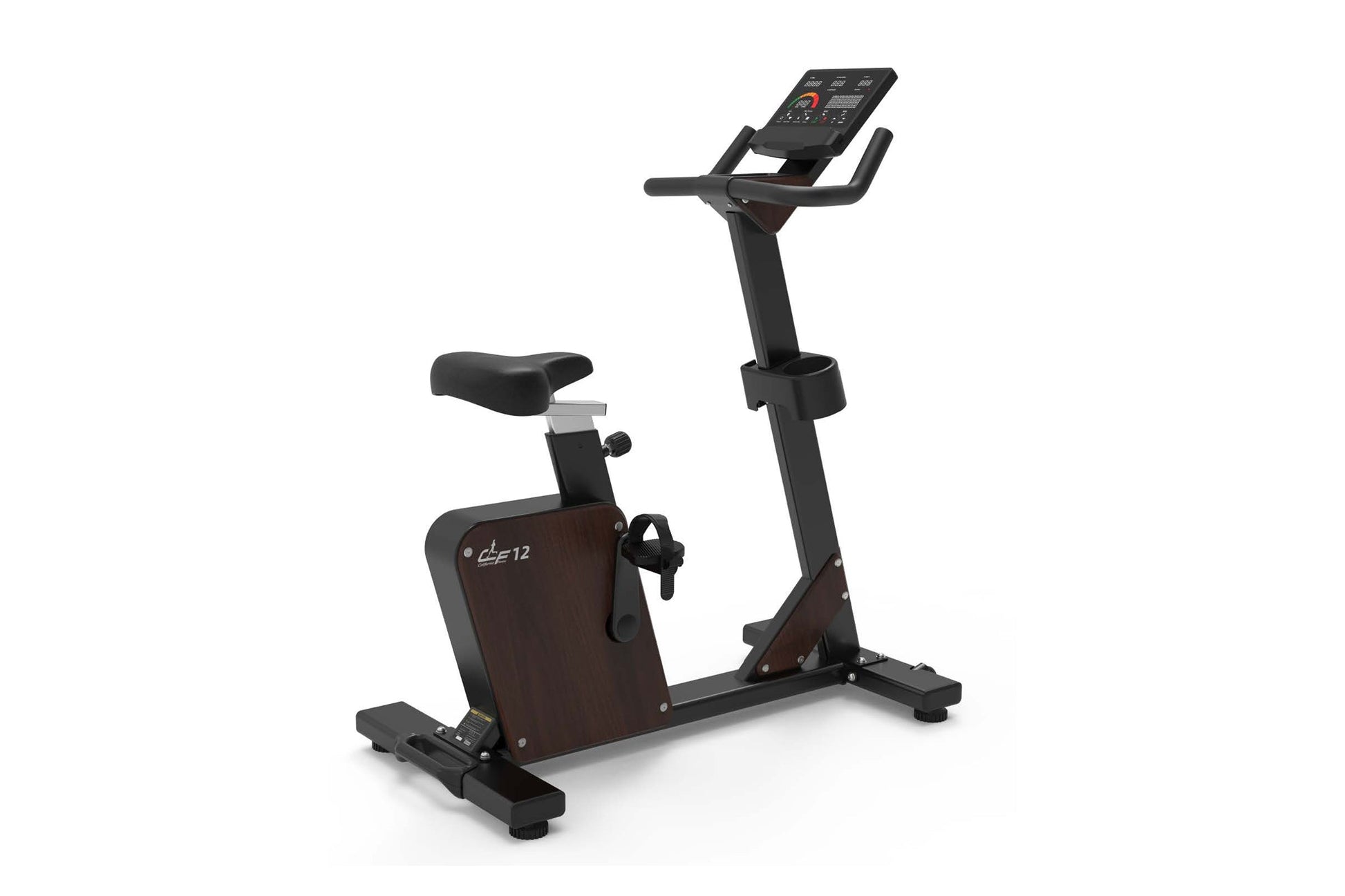 Black and brown upright exercise bike with digital display console, padded seat, and handlebars on white background