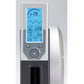 Digital exercise machine console with blue LCD screen displaying stroke rate, time, distance, and heart rate metrics, silver 
