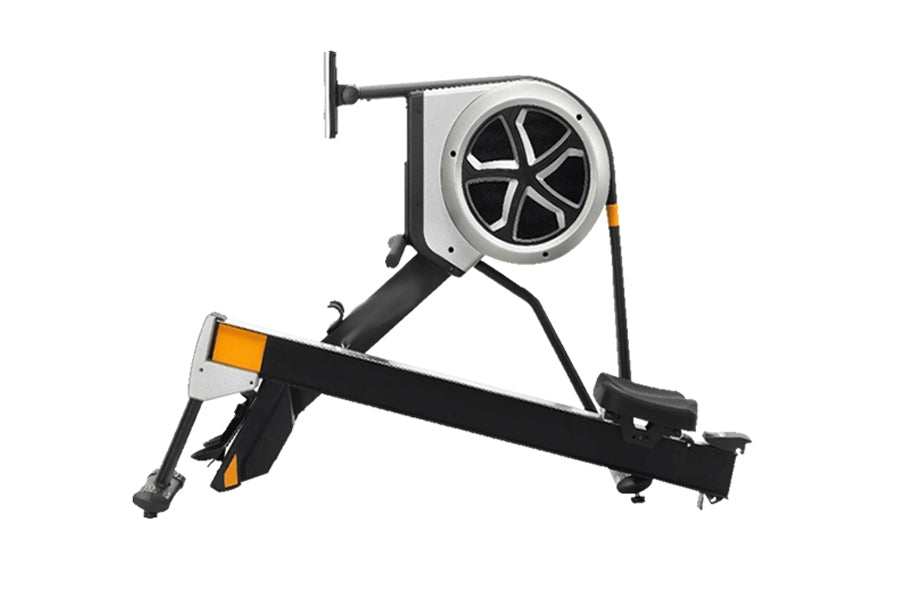 California Fitness Malibu V6 Hybrid Rowing Machine with black frame, white and gray fan wheel, and orange accents on white ba