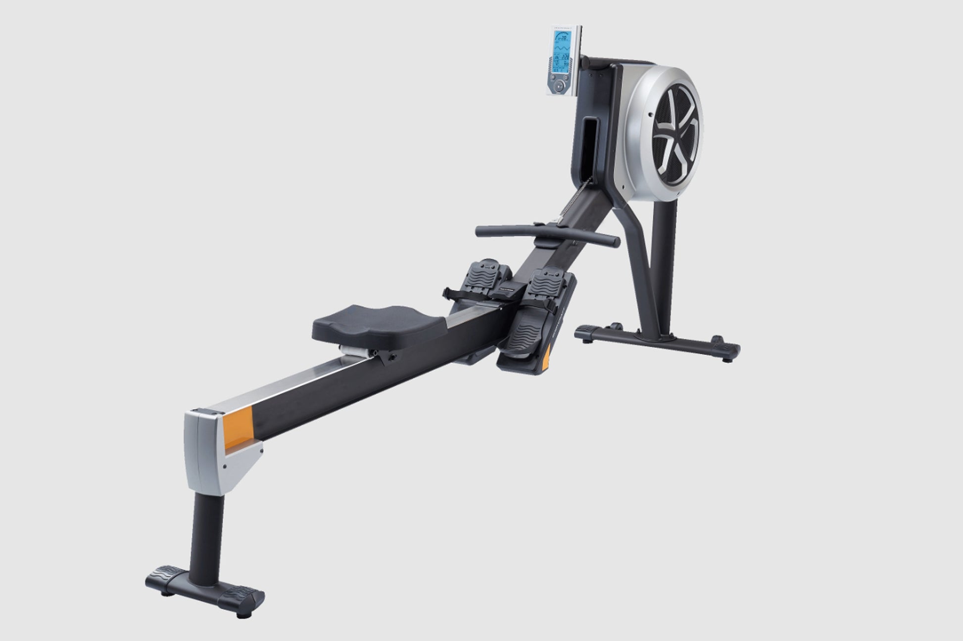 Malibu V6 Hybrid rowing machine with black frame, orange accents, digital display console, and flywheel monitor on white back