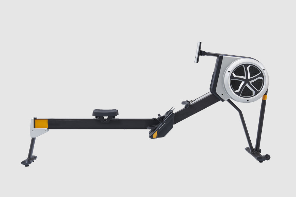 California Fitness Malibu V6 Hybrid Rowing Machine with black frame, yellow accents, and silver flywheel on white background
