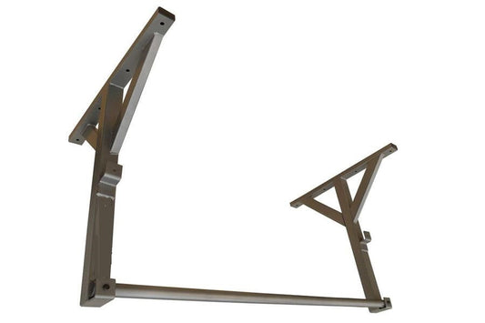 Warrior ceiling mounted chin up bar with angled left arm and triangular right support, dark metal construction on white backg