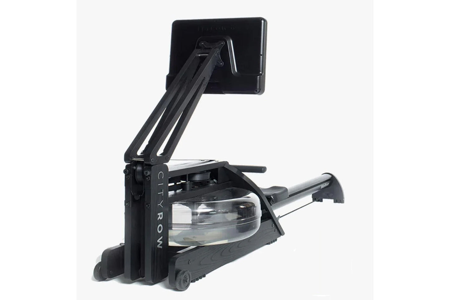 Black CityRow Max rowing machine with adjustable arm holding tablet, water resistance tank, and foot platform on white backgr