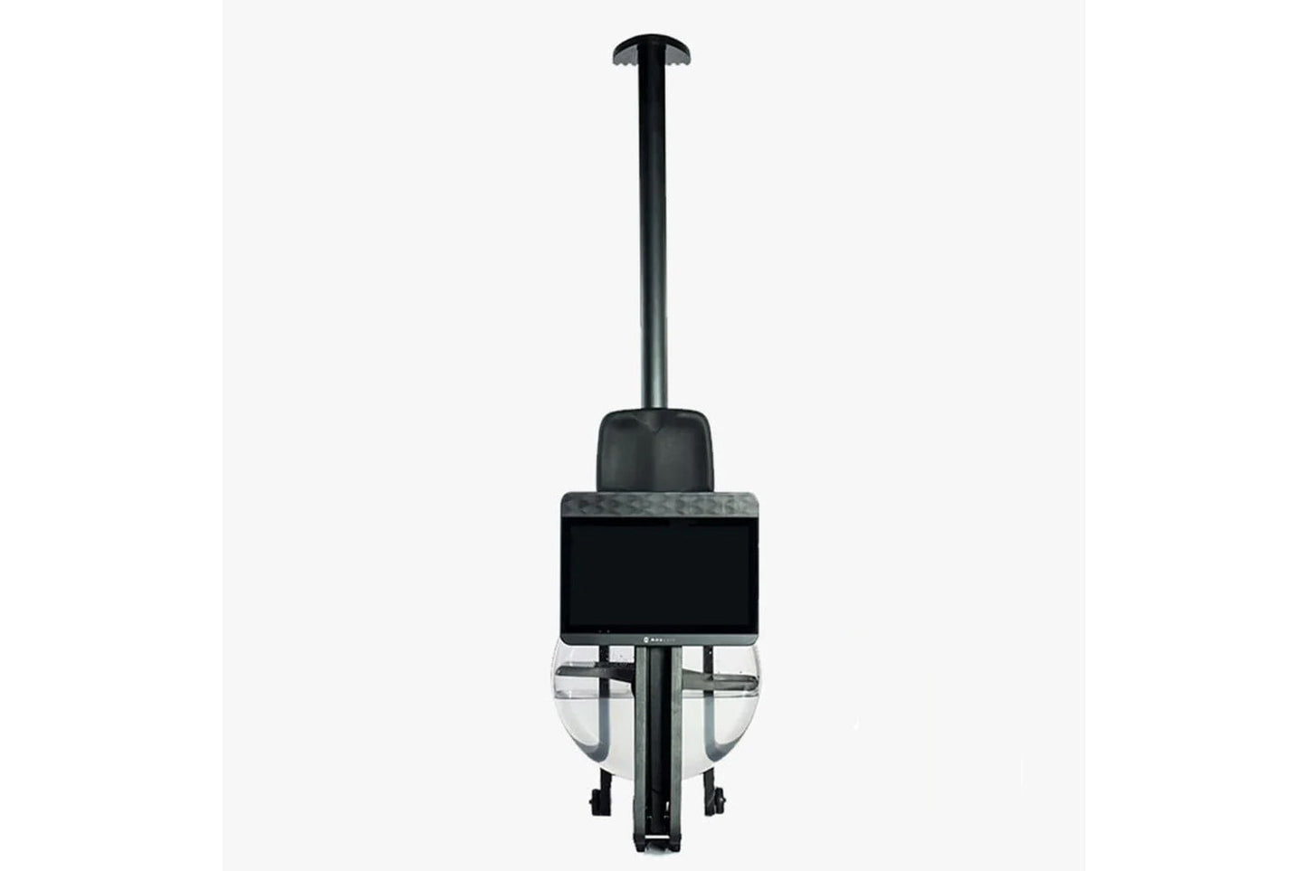 Black and gray rowing machine with monitor screen and vertical rail mount on white background
