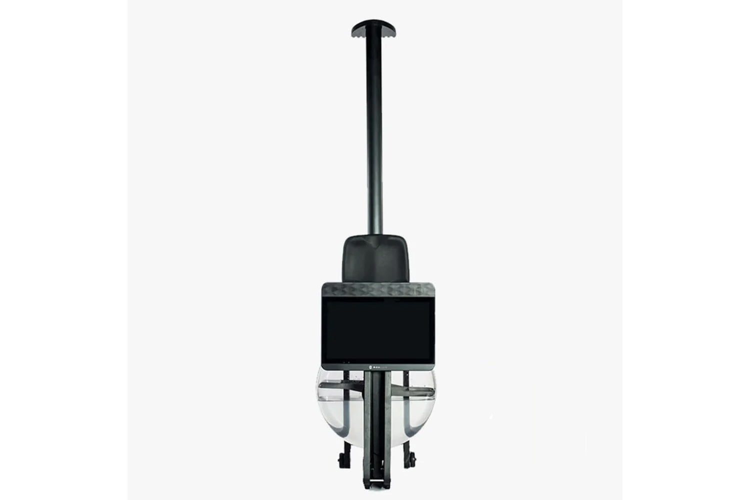Black and gray rowing machine with monitor screen and vertical rail mount on white background
